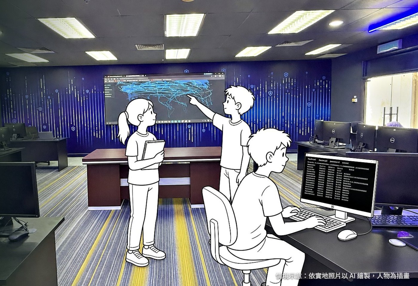 情境插畫:三位學生在 GMI 資安戰情室,一位坐在電腦前進行密碼破解練習,一位指著牆上的全球網路攻擊地圖,一位拿著筆記(依實地照片以 AI 繪製)